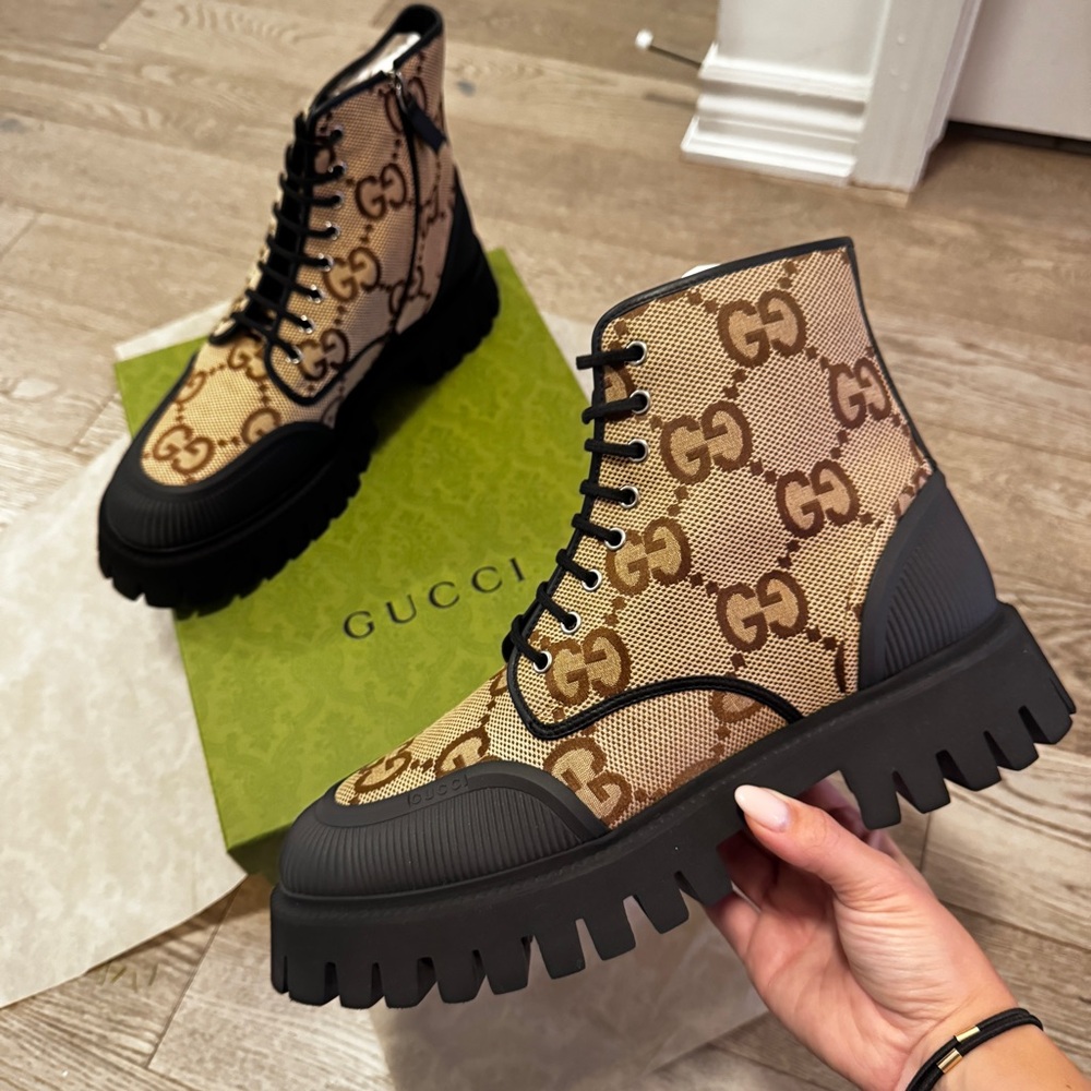 Gucci Men’s Rugged Lace Up Boot Maxi GG Camel monogrammed trek winter boots BNIB